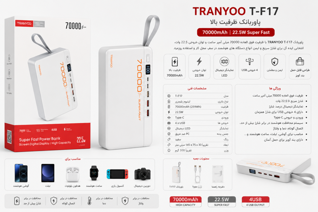 پاوربانک TRANYOO T-F17 ظرفیت 70000mAh 1